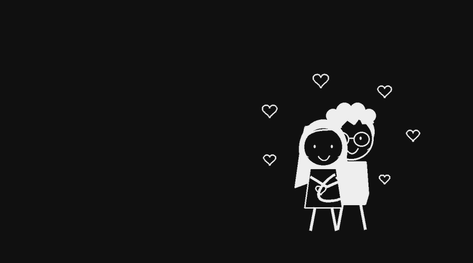 Linh and Eu Jeen embracing, surrounded by little hand-drawn hearts